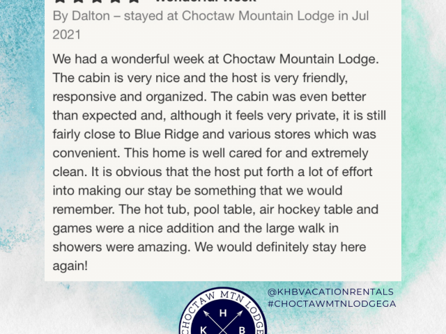 5 star review of Choctaw mountain lodge in blue ridge, ga