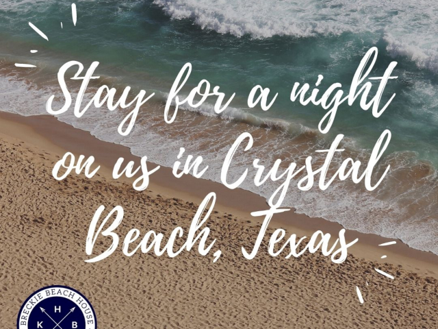 Picture of the beach and words "stay for a night on us in crystal beach, tx by khb vacation rentals"