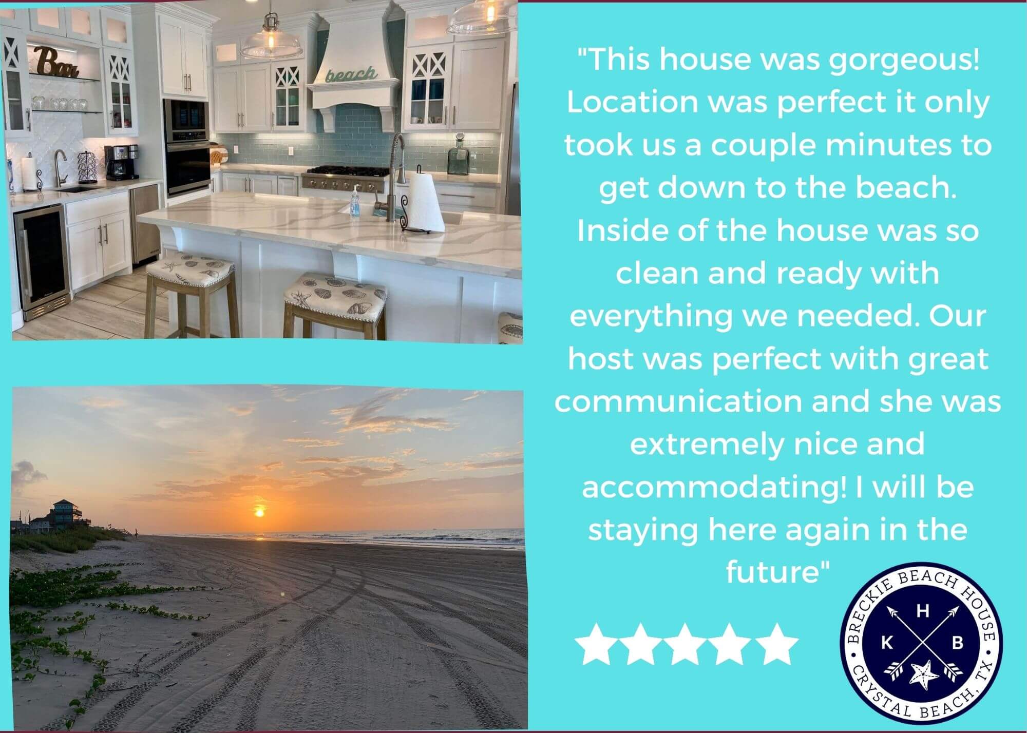5 Star Review of a KHB Vacation Rentals Breckie Beach House guest with a picture of Crystal Beach, TX and Breckie Beach House