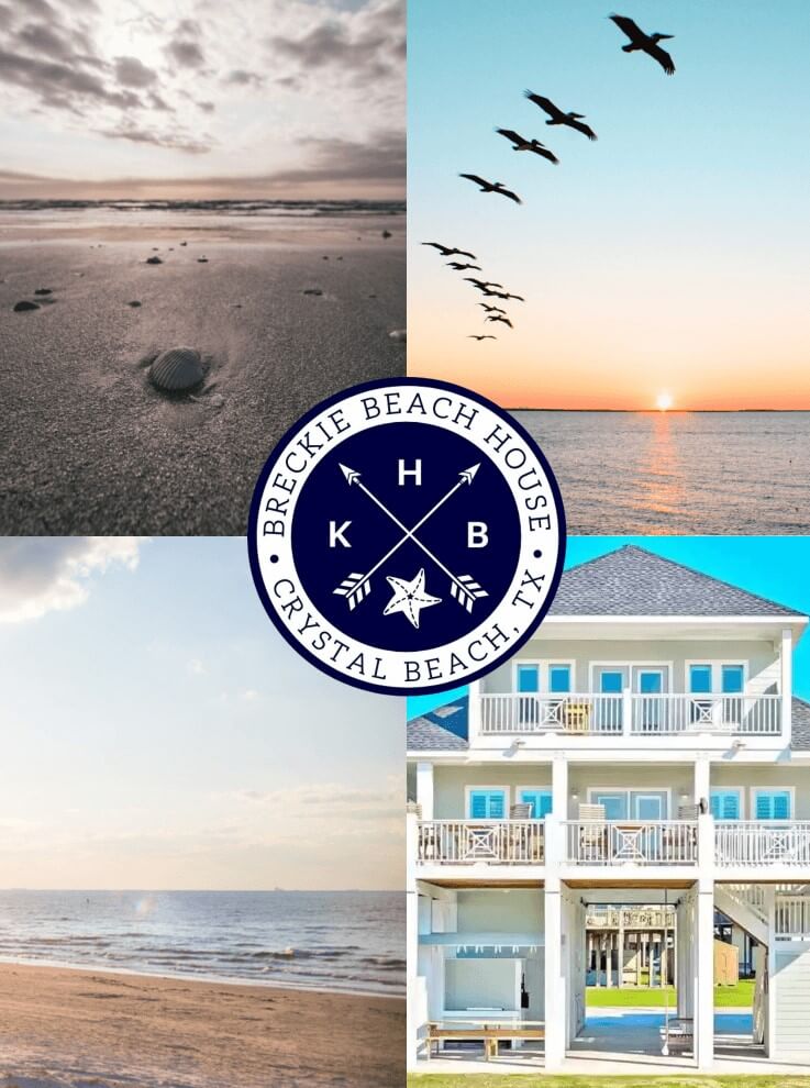 Three pictures of Crystal Beach, one picture of the back of Breckie Beach House with the KHB logo in the center of the photo collage
