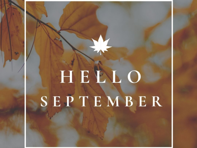 Orange leaves in the background and "Hello September" in white font