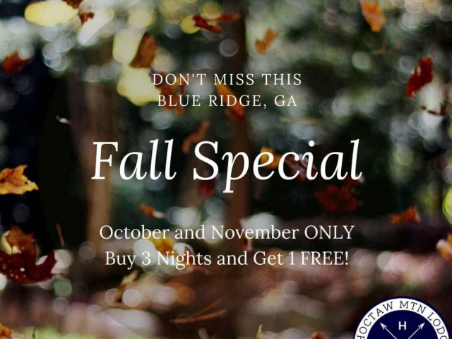 Fall leaves in the background and text for Blue Ridge, GA book 3 nights and get on free