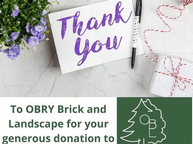 Thank you card to Obry Brick and Landscape for a donation to KHB Breasties with flowers and Obry logo