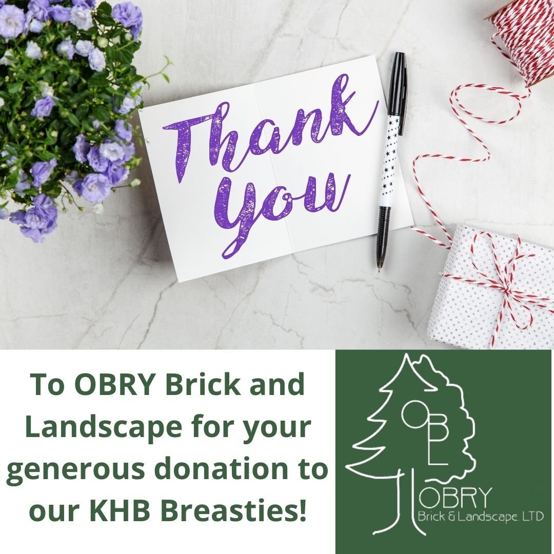 Thank you card to Obry Brick and Landscape for a donation to KHB Breasties with flowers and Obry logo