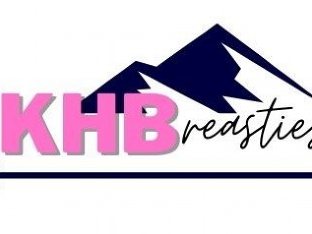 KHB Breasties font with navy blue mountain peaks in the back and arrow below