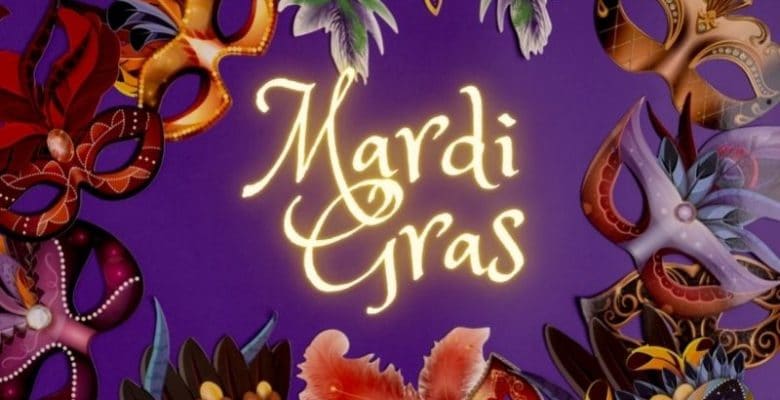 Graphic of Mardi Gras masks with title of Mardi Gras in gold in the middle
