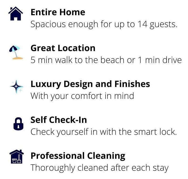 Breckie Beach House amenities - entire home, great location, luxury design, self check-in, professional cleaning
