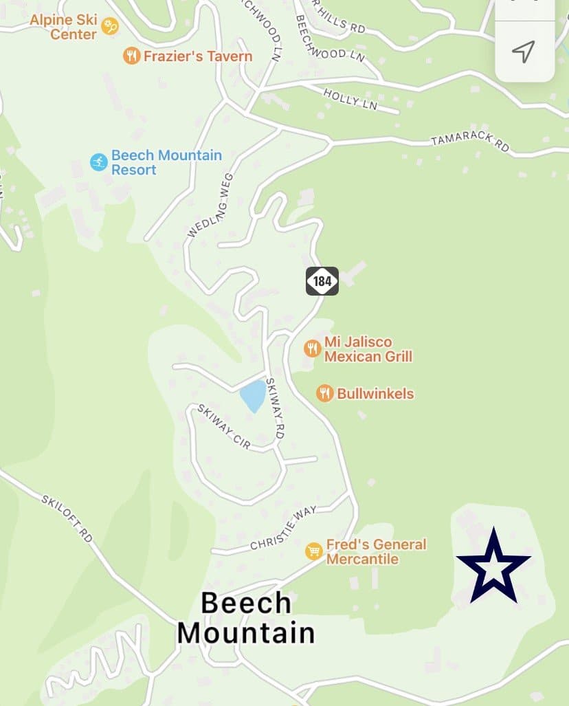 Map of Beech Mountain, NC showing the location of Hadley Hills condo